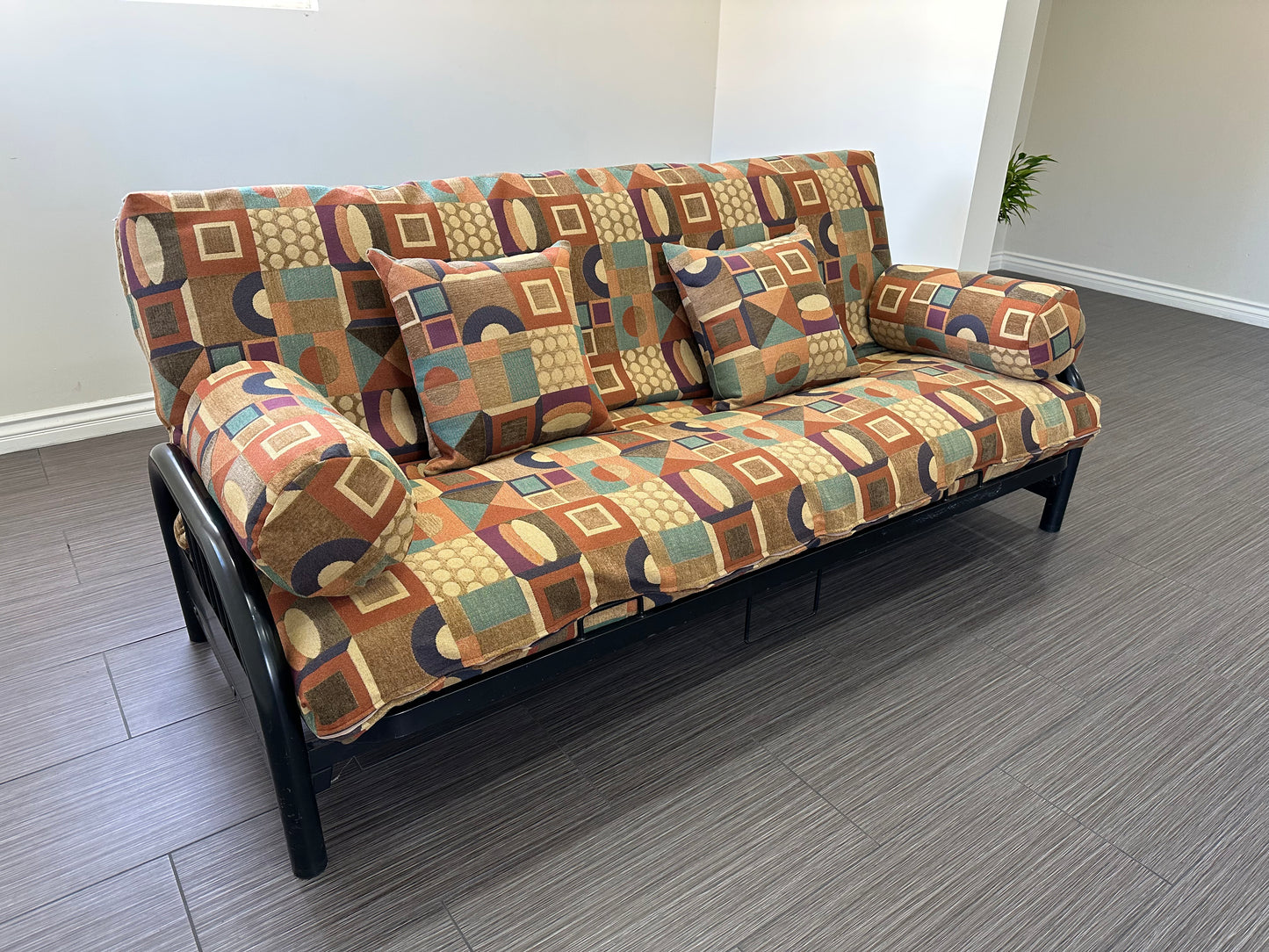 Geometric Multi Deco Luxury Futon Cover Set 5 pcs, Chenille Tapestry, One (1) Full Size Mattress Cover, Two (2) Bolsters (Round Pillows), Two (2) Square Cushion Pillows