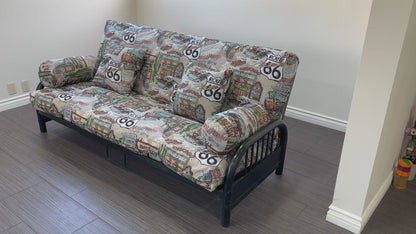 Route 66 Luxury Futon Cover Set 5 pcs, Chenille Tapestry, One (1) Full Size Mattress Cover, Two (2) Bolsters (Round Pillows), Two (2) Square Cushion Pillows