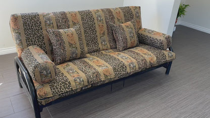 Animals Jungle Luxury Futon Cover Set 5 pcs, Chenille Tapestry, One (1) Full Size Mattress Cover, Two (2) Bolsters (Round Pillows), Two (2) Square Cushion Pillows