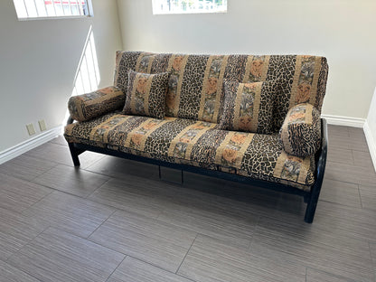 Animals Jungle Luxury Futon Cover Set 5 pcs, Chenille Tapestry, One (1) Full Size Mattress Cover, Two (2) Bolsters (Round Pillows), Two (2) Square Cushion Pillows