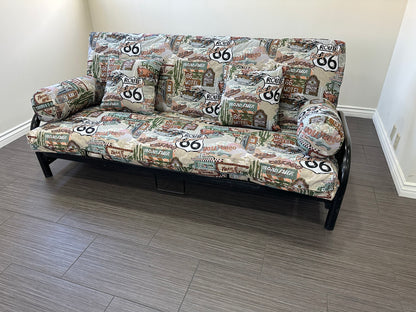 Route 66 Luxury Futon Cover Set 5 pcs, Chenille Tapestry, One (1) Full Size Mattress Cover, Two (2) Bolsters (Round Pillows), Two (2) Square Cushion Pillows
